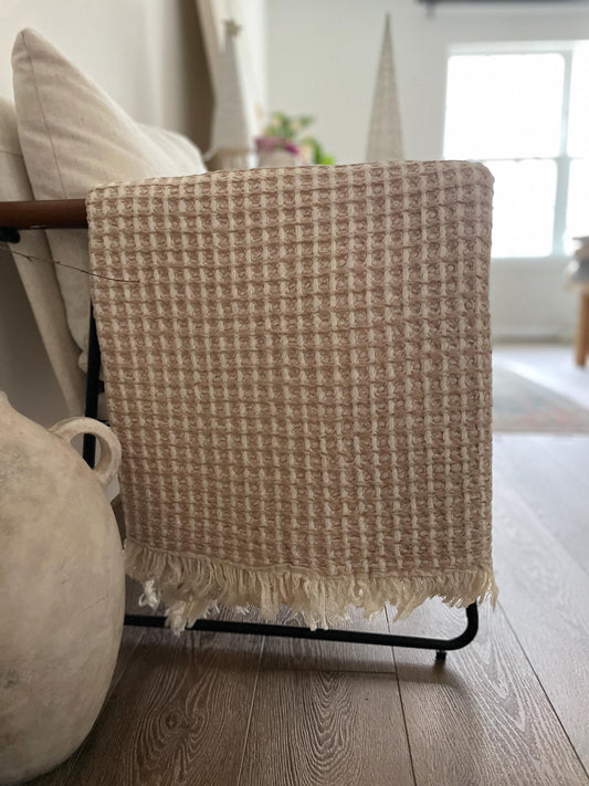beige Waffle Soft Cotton Throw Blanket, Large Lightweight Throw, Turkish Cotton Throw