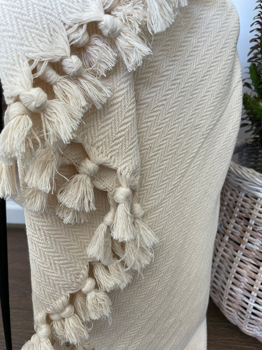 Cozy, Soft,Unbleached, Undyed 100% Cotton Throw Blanket with 4 side Tassesls
