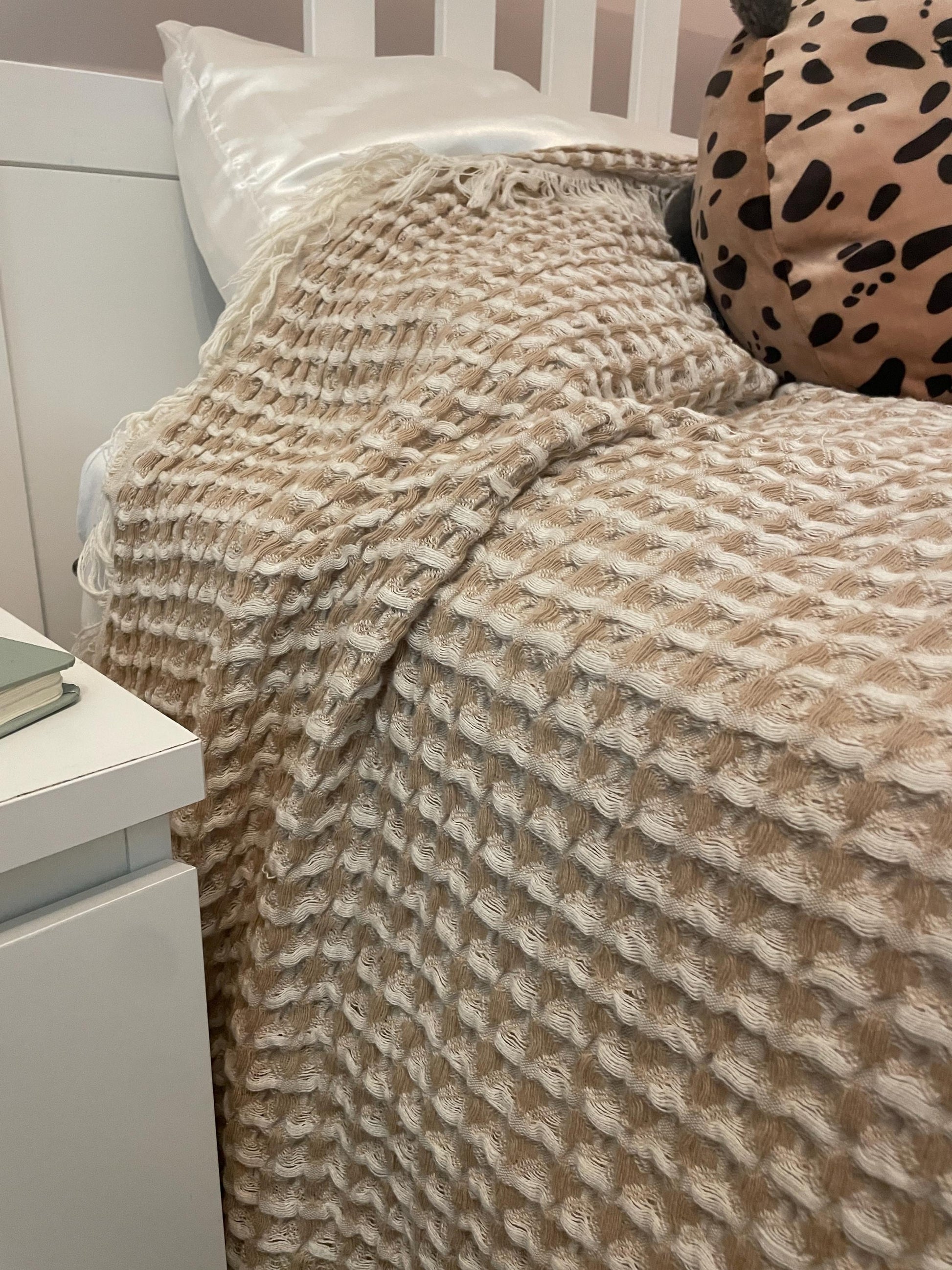 Beige | Waffle Weave Cotton Throw Blanket | Aesthetic Lightweight Turkish Soft Cotton Eco friendly Blanket for Bedroom Decor | Twin XL| Full